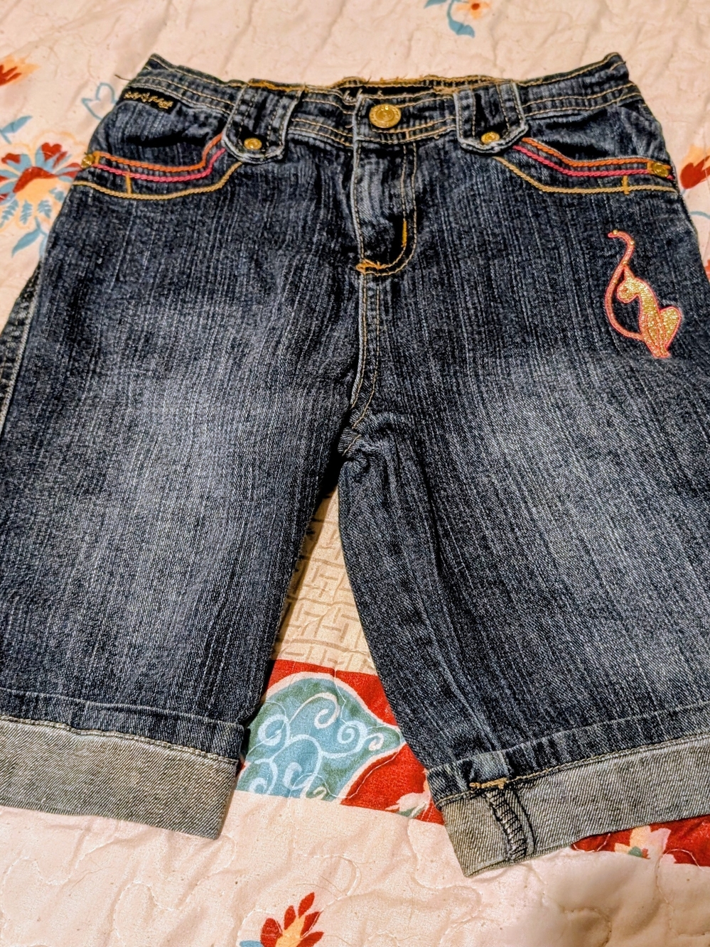 Baby Phat Dark Denim Shorts with Pink and Yellow Stitching